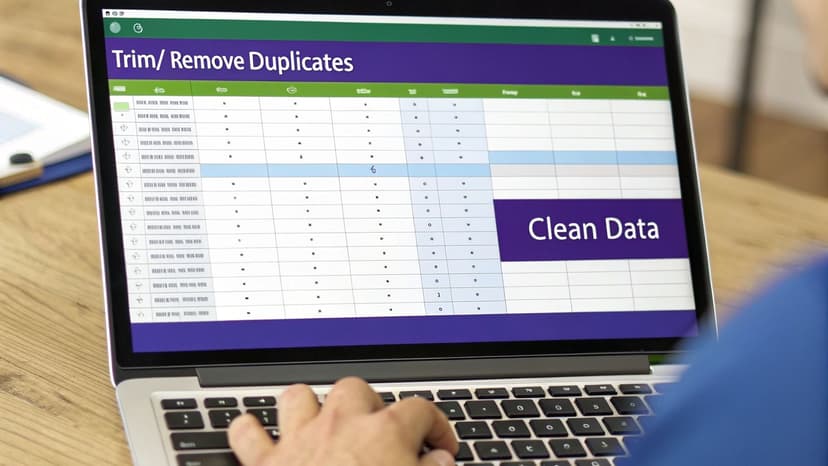 A person types on a laptop showing a spreadsheet application titled 'Trim/ Remove Duplicates' with a 'Clean Data' button.