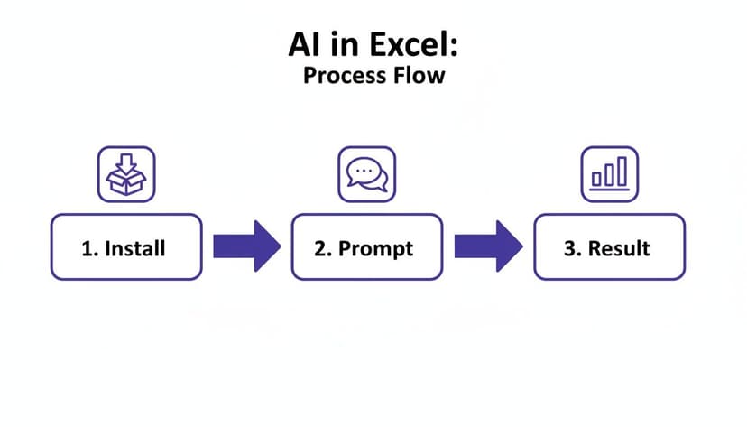A process flow diagram illustrating three steps for using AI in Excel: Install, Prompt, and Result.