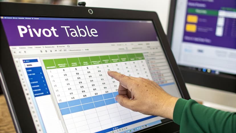 A person's hand points to a Pivot Table on a computer screen, demonstrating data analysis.