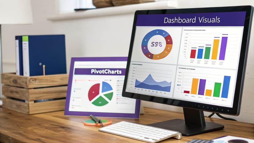 A computer monitor and tablet display data dashboards with various charts and graphs on a wooden desk.