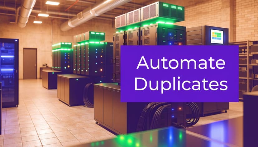A professional data center server room with high-tech equipment displaying the text Automate Duplicates on screen.