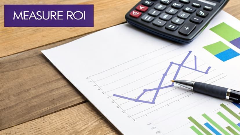 A calculator, pen, and graph paper with 'MEASURE ROI' banner on a wooden desk, symbolizing financial analysis.