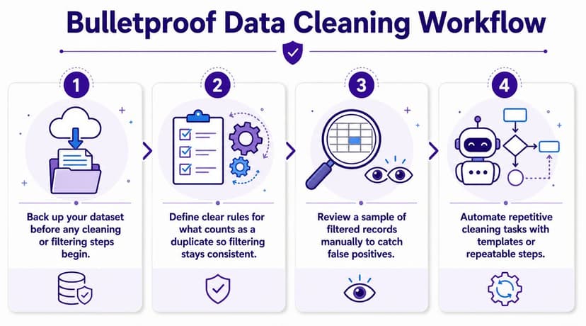 A four-step infographic illustrating a bulletproof workflow for cleaning and filtering data sets effectively.