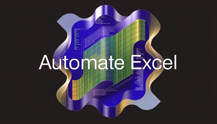 A digital graphic featuring the text Automate Excel overlaid on a stylized, flowing 3D grid design.