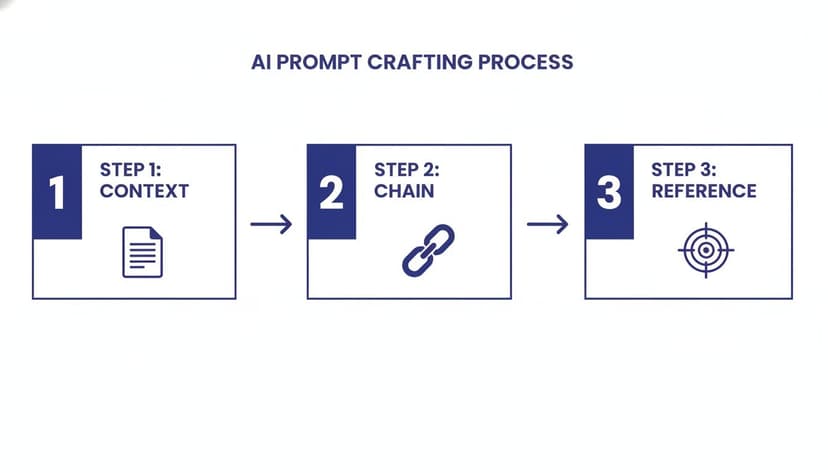 A diagram showing the three-step AI prompt crafting process: context, chain, and reference.