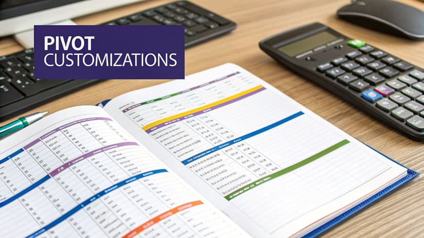 A desk with an open data analysis notebook, calculator, keyboard, and mouse, featuring 'PIVOT CUSTOMIZATIONS' text.