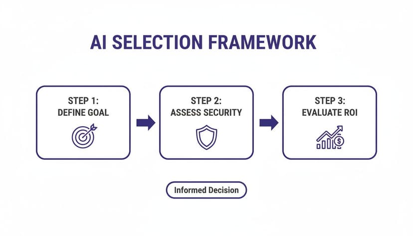 AI Selection Framework diagram illustrating three steps: Define Goal, Assess Security, Evaluate ROI, for informed decisions.