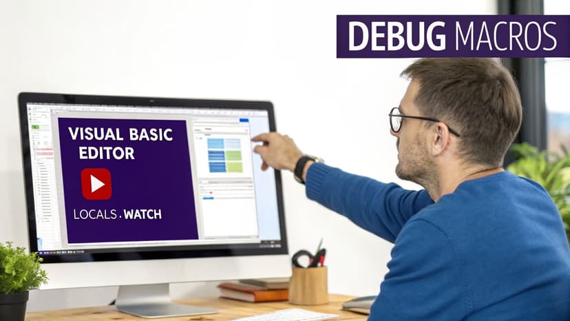 A man in glasses pointing at a computer screen displaying 'Visual Basic Editor' and 'Debug Macros'.