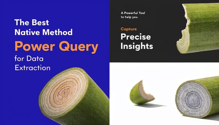 A professional marketing graphic about Power Query for data extraction, featuring sliced leek imagery on blue background.