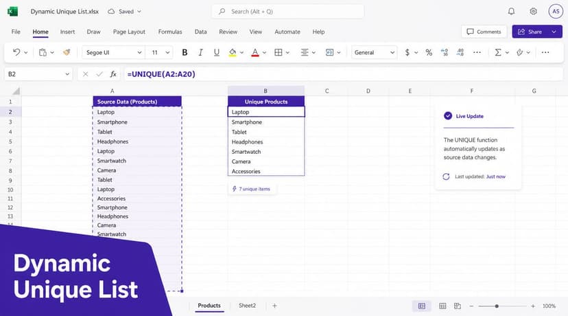 An Excel spreadsheet demonstrating the unique function to automatically extract a list of non-repeating items from data.