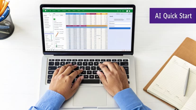 Overhead shot of hands typing on a laptop running AI spreadsheet software on a white desk.