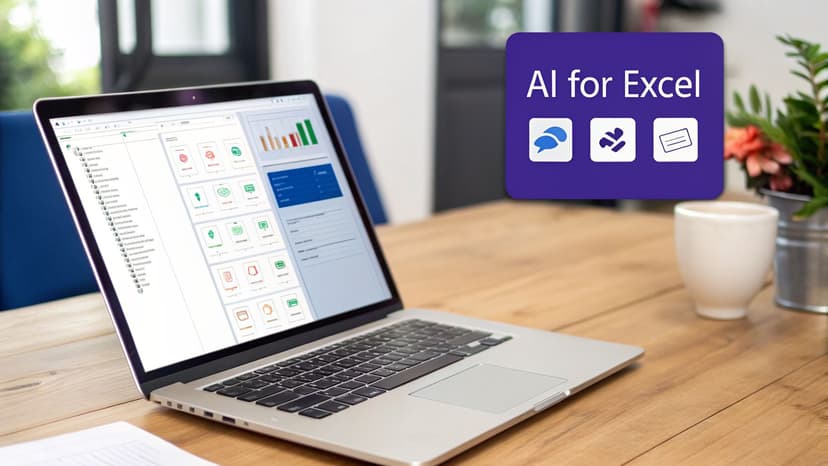 A laptop displaying a software interface with charts, next to a purple 'AI for Excel' banner.