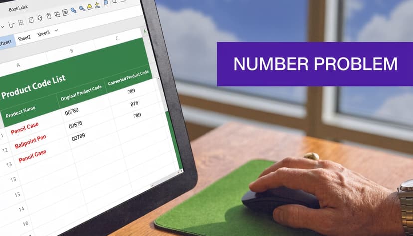 A close-up view of an Excel spreadsheet showing product code conversion on a computer screen.