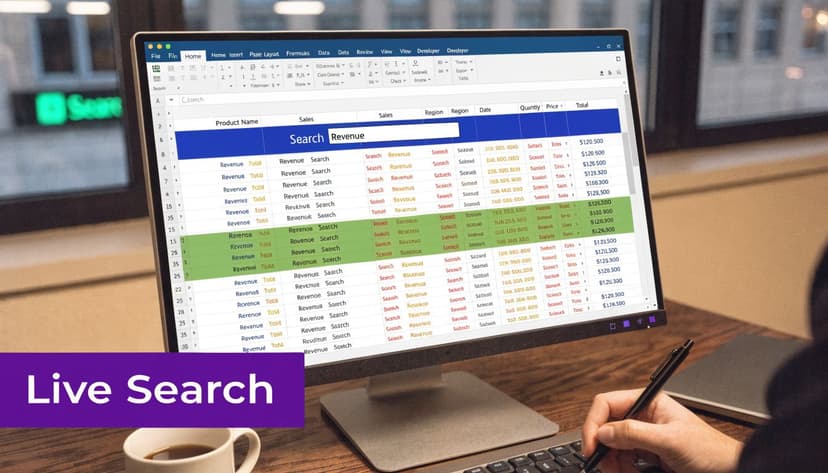 A computer screen showing a spreadsheet with a prominent search box highlighting the word Revenue.