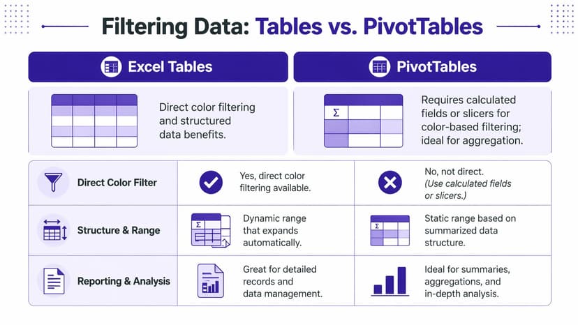 A comparison chart showing differences between Excel tables and PivotTables regarding filtering, structure, and data analysis features.