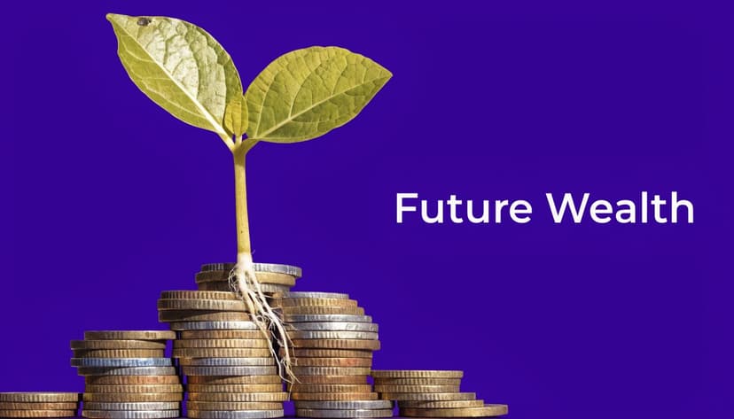 A small green seedling growing out of a stack of golden coins against a purple background.