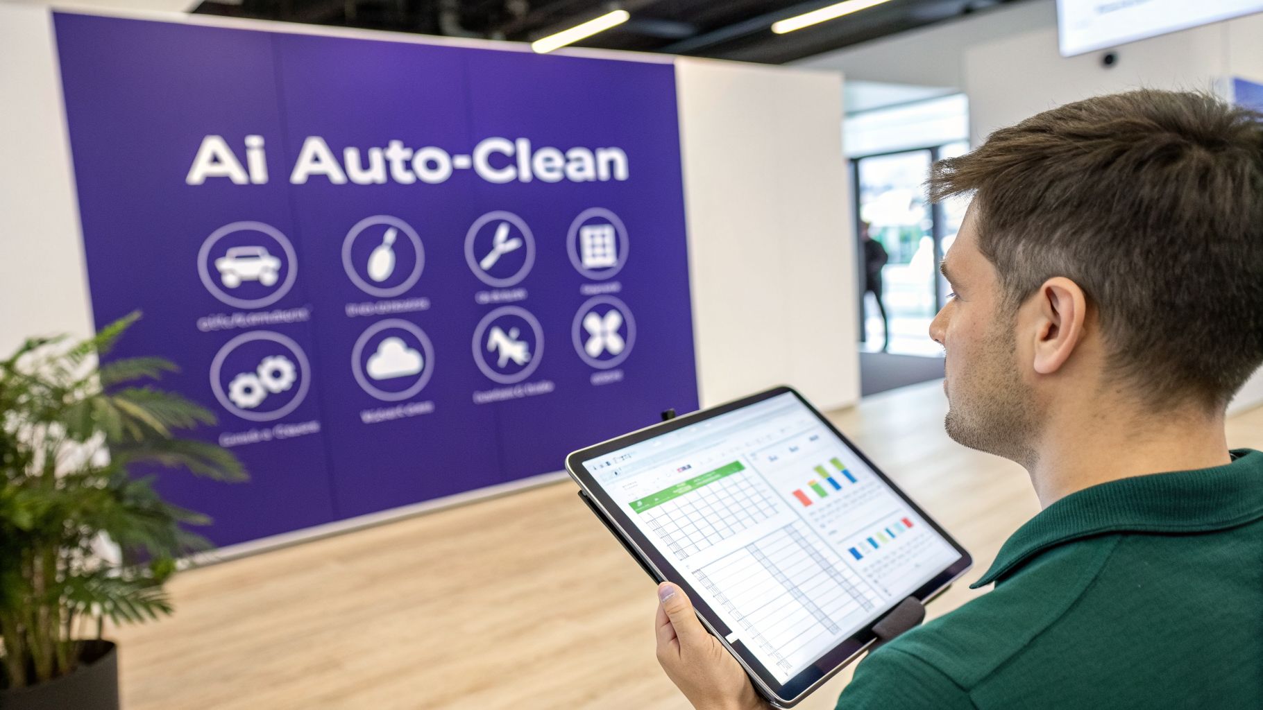 A man reviews data on a tablet showing charts and tables with an 'Ai Auto-Clean' sign.