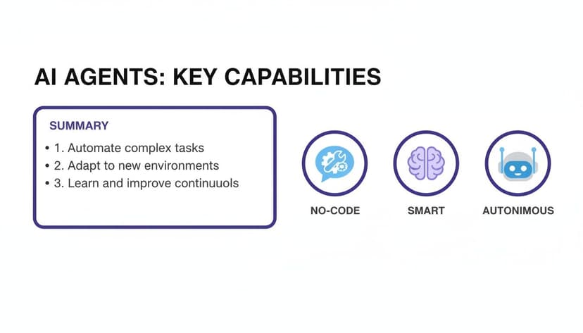 Infographic outlining AI agents' key capabilities: automating tasks, adapting, learning, and featuring no-code, smart, autonomous traits.