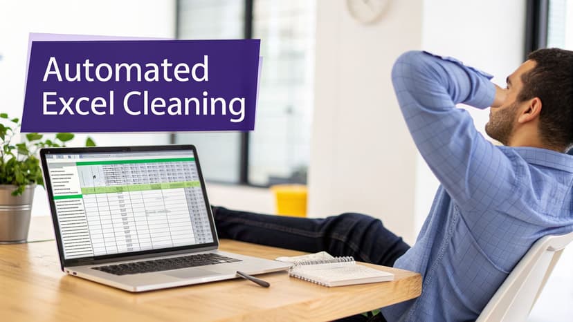 A relaxed man watches a laptop with a spreadsheet, highlighting automated Excel cleaning.