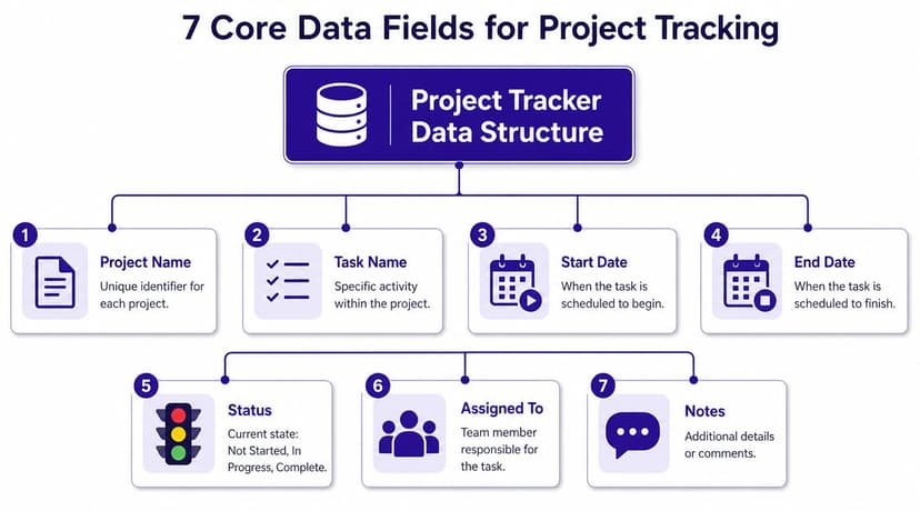 A diagram illustrating the seven essential data fields used for organized project tracking and task management.