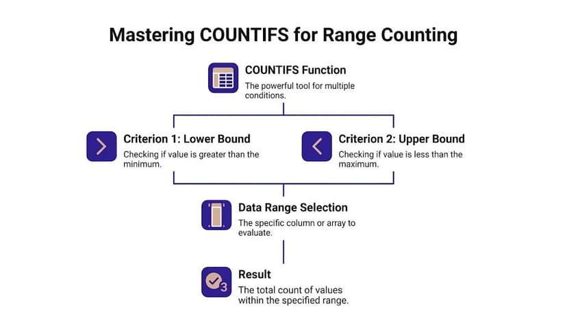 A flowchart explaining how to use the COUNTIFS function in Excel to count values between two numbers.