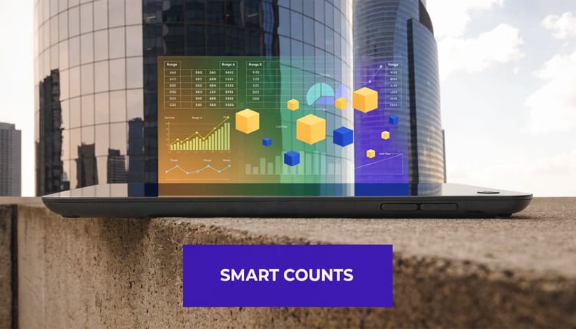 A sleek digital tablet displaying colorful 3D data visualization charts and statistical tables with the text SMART COUNTS.