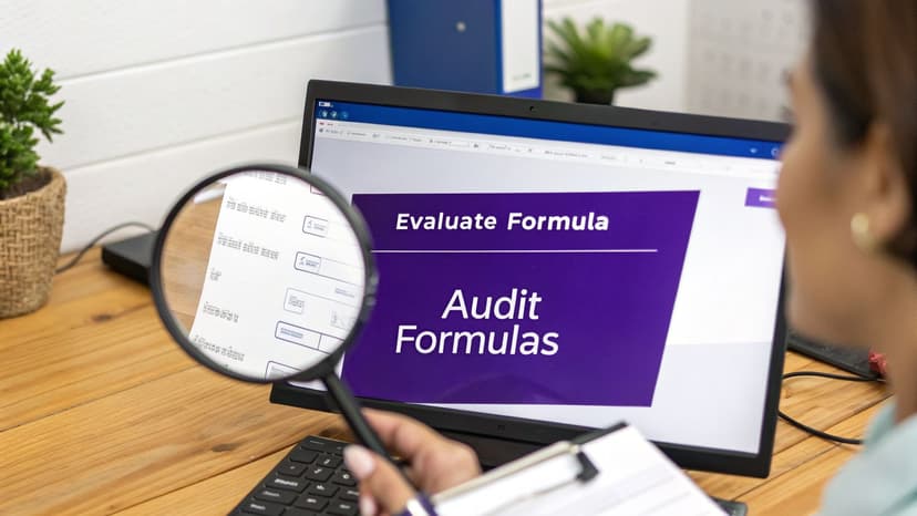 Person uses a magnifying glass to audit formulas on a document while viewing 'Evaluate Formula' on a laptop.