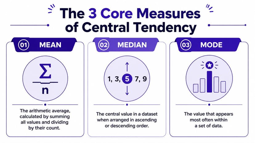 An infographic showing the three core measures of central tendency: mean, median, and mode with brief definitions.