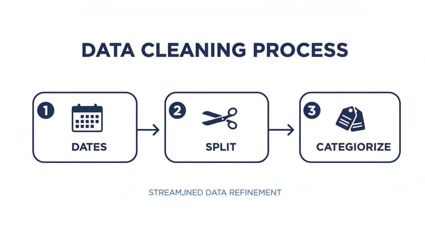 A visual representation of the three-step data cleaning process: dates, split, and categorize for streamlined data refinement.