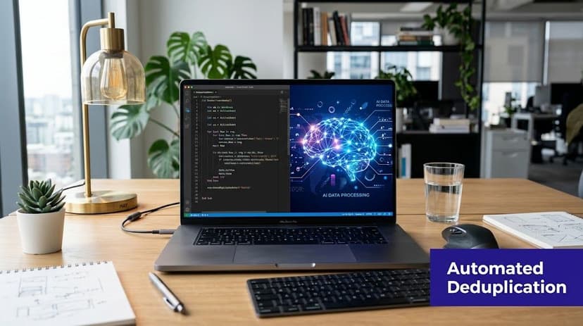 A modern workspace featuring a laptop displaying AI data processing code and a digital brain graphic.