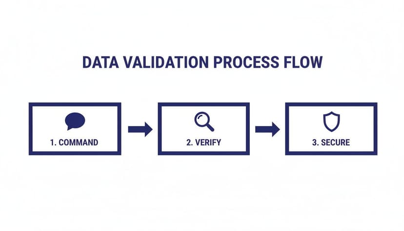 A data validation process flow diagram illustrating three key steps: command, verify, and secure.
