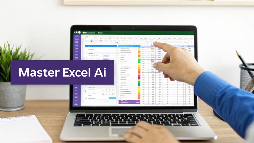 A person's hand points at an Excel spreadsheet on a laptop screen, emphasizing Master Excel AI.
