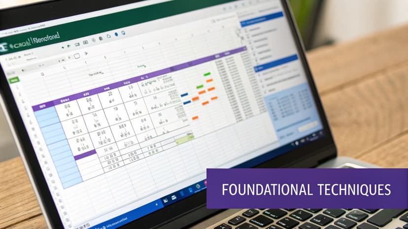 A laptop screen displays an Excel spreadsheet with colorful data, charts, and a Gantt chart.