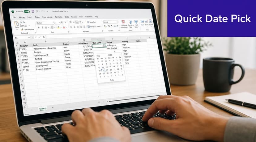 A person using a laptop to select a date from a calendar drop down in Excel.