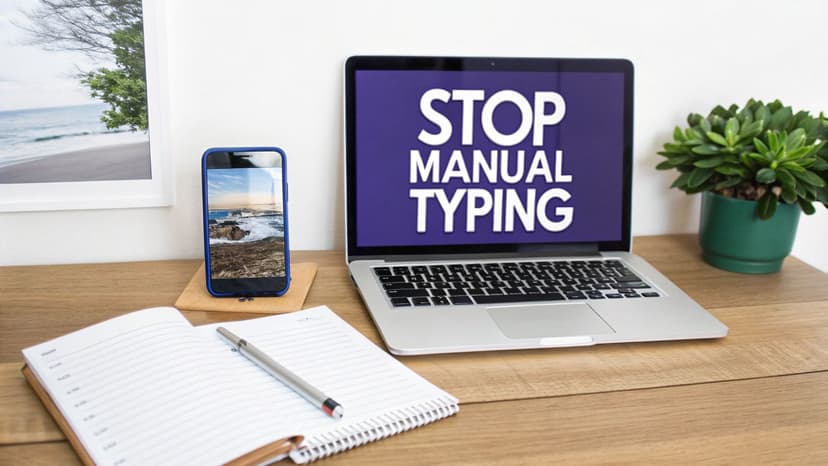 A desktop workspace with a laptop showing 'STOP MANUAL TYPING', a smartphone, notebook, and plant.