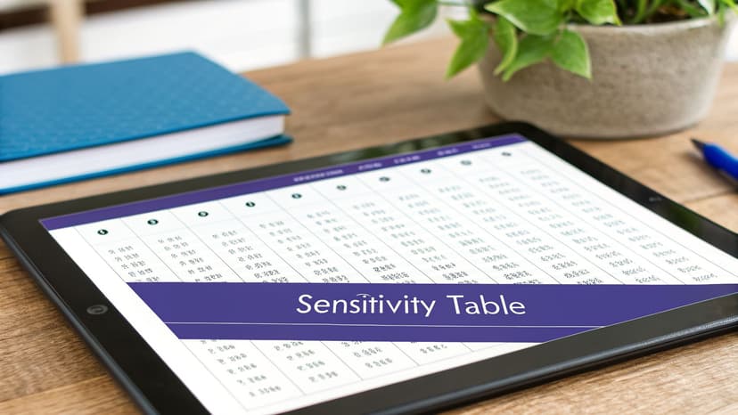A close-up of a tablet displaying a 'Sensitivity Table' for analysis on a wooden desk.