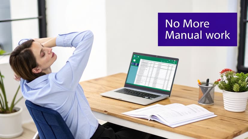 A woman relaxes at a desk with a laptop showing a spreadsheet, next to text 'No More Manual work'.