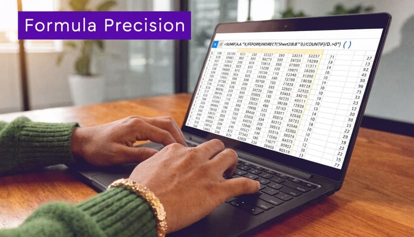 A person wearing a green sweater working on a laptop displaying a complex Excel spreadsheet formula.