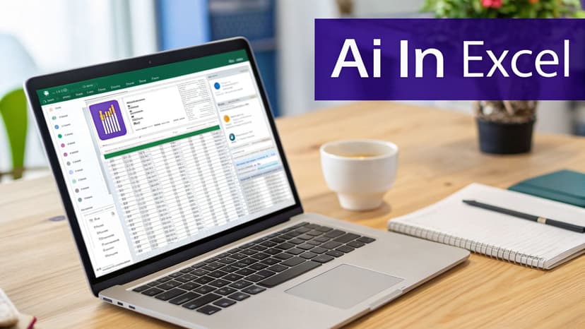 Laptop displaying Microsoft Excel with data, next to coffee and a notepad. A banner says 'Ai In Excel'.