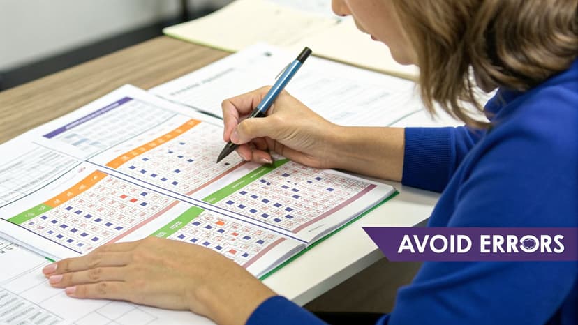 A person's hand with a pen fills out a grid-based document on a desk, with an 'AVOID ERRORS' banner.