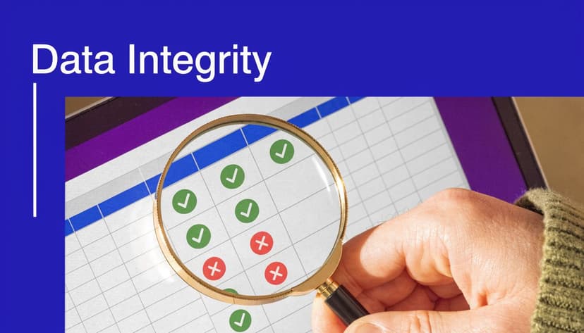 A hand holds a magnifying glass over a spreadsheet to examine data integrity with checkmarks and crosses.