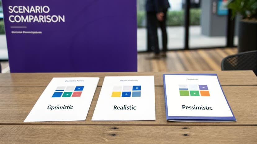 Three documents outlining optimistic, realistic, and pessimistic scenarios on a wooden table with a 'Scenario Comparison' sign.