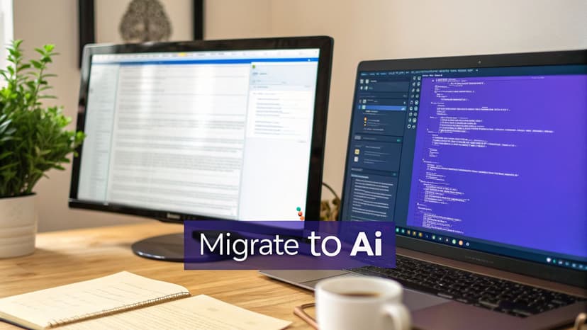 A modern workspace with two computer screens displaying text and code, a plant, and a coffee cup, with 'Migrate to Ai' overlay.