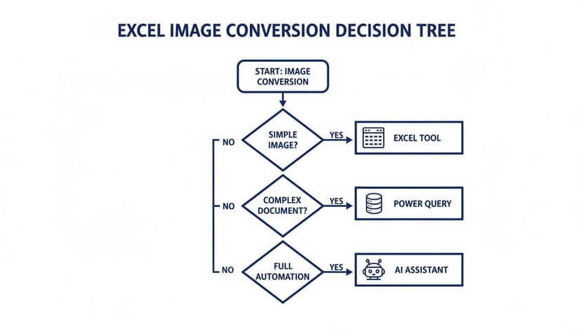 Excel image conversion decision tree guiding choices for simple images, complex documents, and full automation.