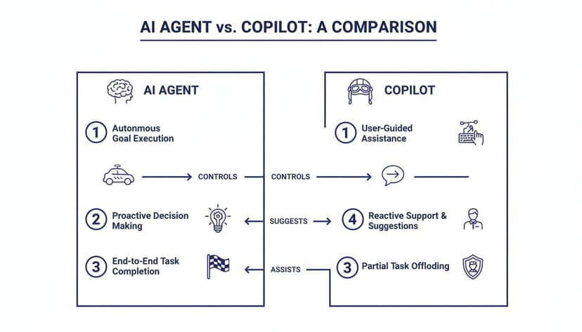 Infographic comparing an AI Agent's autonomous execution and proactive decisions with a Copilot's user-guided assistance and reactive suggestions.