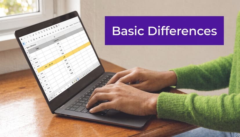 A person working on a laptop displaying a spreadsheet with data about basic differences in columns.