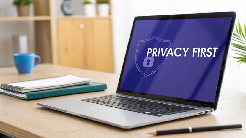 A laptop displaying 'PRIVACY FIRST' on its screen with a shield and padlock icon, on a wooden desk.