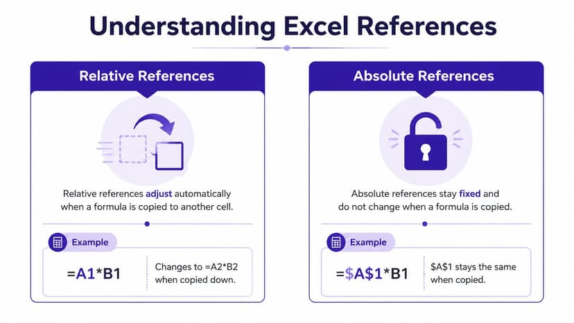 An infographic explaining the difference between relative and absolute cell references in Microsoft Excel formulas.