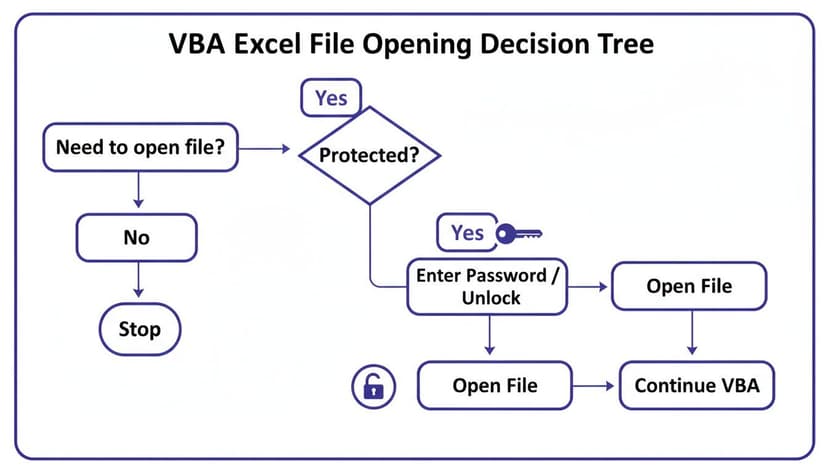 A VBA Excel file opening decision tree flowchart illustrating steps for opening protected and unprotected files.