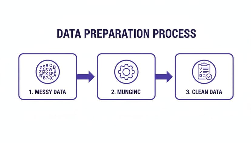 A diagram illustrating the data preparation process, showing messy data transformed through munging into clean data.